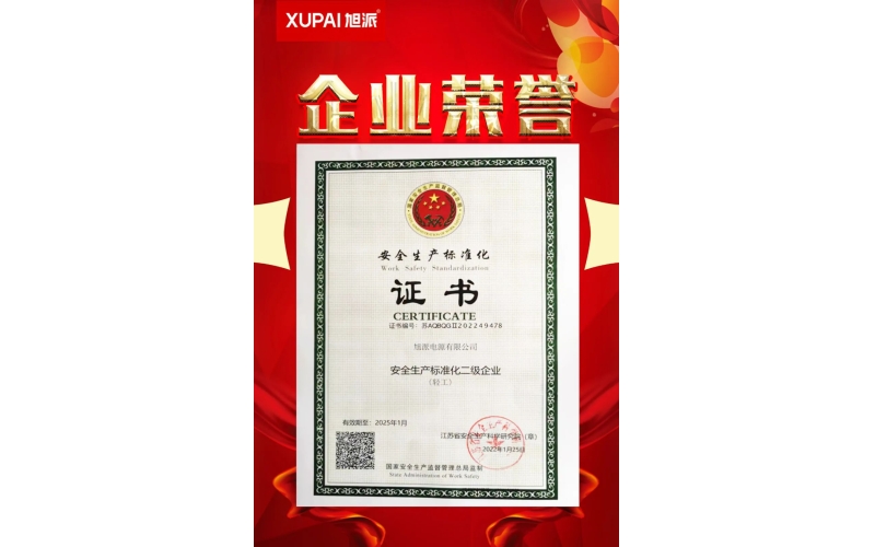 恭喜旭派電源有限公司榮獲“安全生產(chǎn)標(biāo)準(zhǔn)化二級(jí)企業(yè)”稱號(hào)